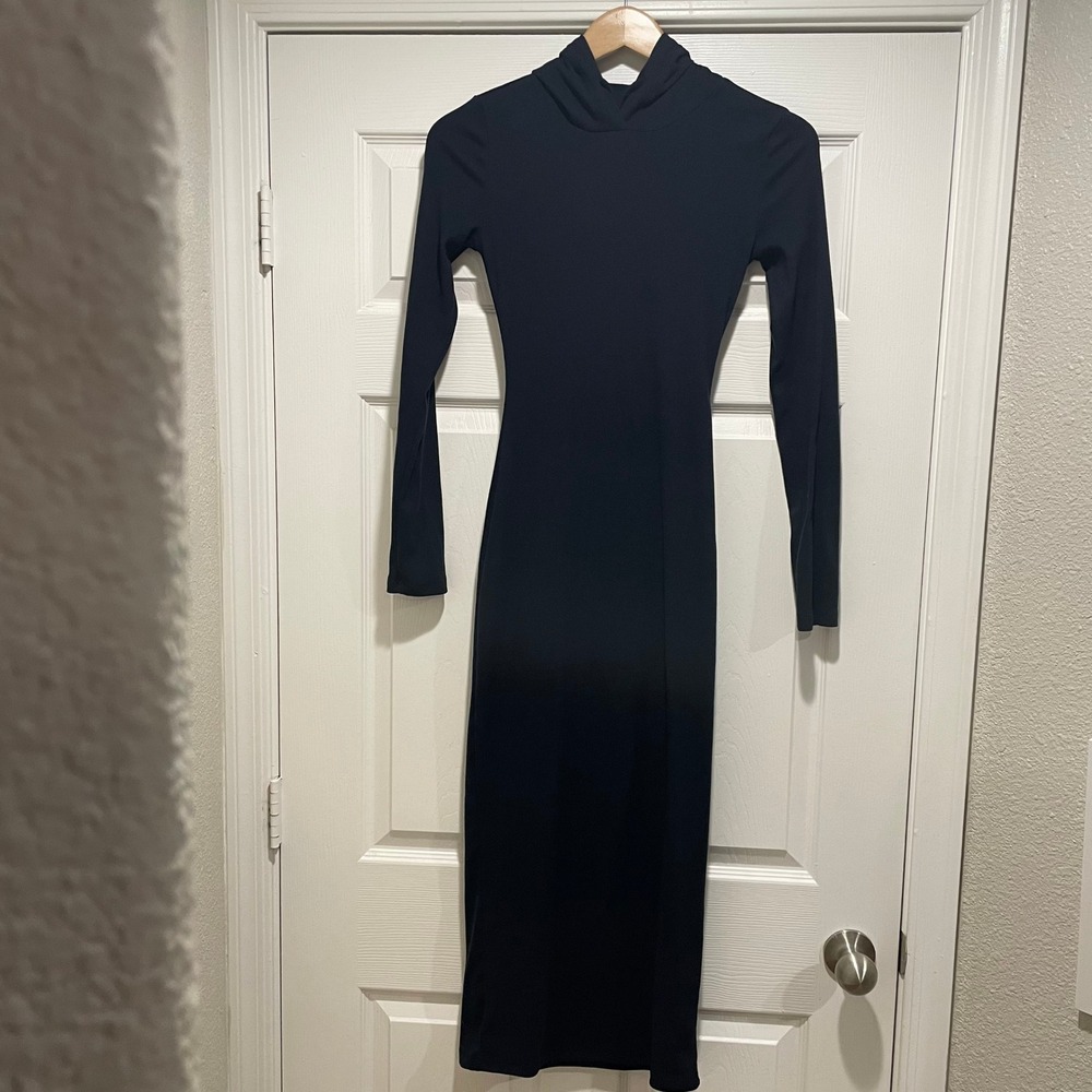 Womens Hooded Maxi Dress Size Small Navy Blue Ribbed Knit Long Sleeve Bodycon
